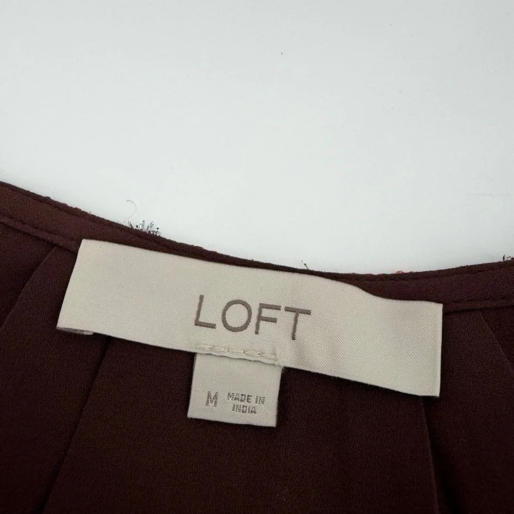 LOFT Womens Medium Burgundy Floral Metallic Clip Dot V-Neck Long Sleeve Blouse